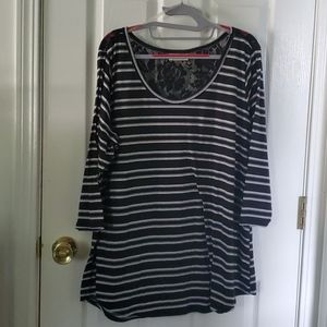 NWOT Black and white stripped top with lace accent